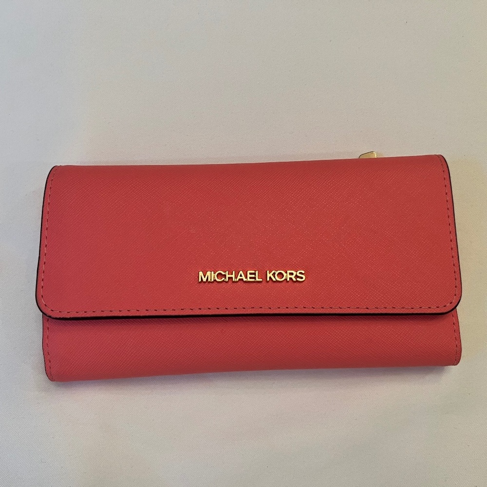Michael Kors Jet Set Travel Large Trifold Wallet Grapefruit Pink